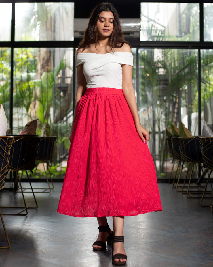 Red Colour Midi Skirt For Women's