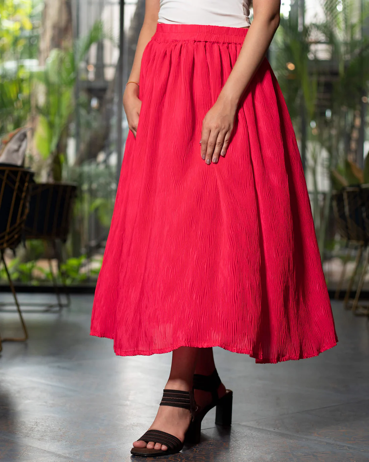 Red Colour Midi Skirt For Women's