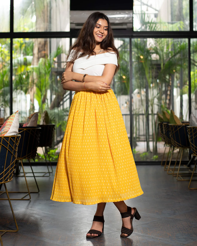 Yellow Colour White Dots Midi Skirt For Women's