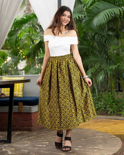 Yellow Colour Printed Midi Skirt For Women's