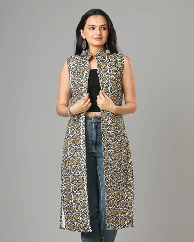 Navy Blue Colour Printed Long Jacket For Women's