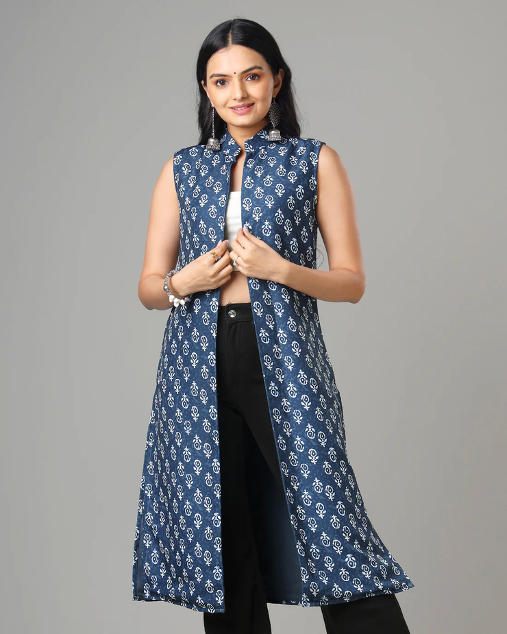 Indigo Printed Long Jacket For Women's