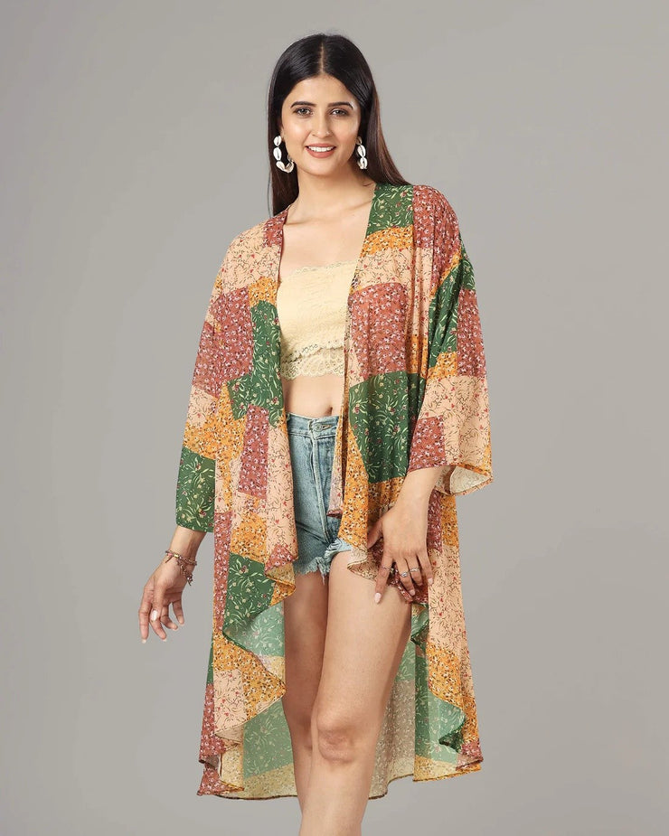 Green Colour Block Printed Waterfall Shrug For Women's