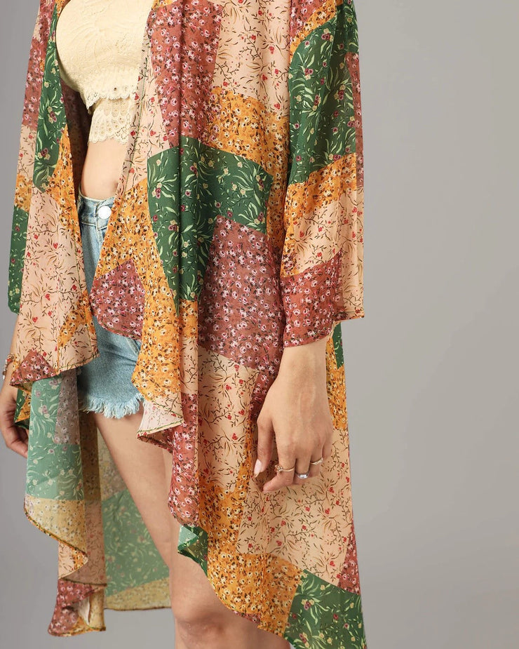 Green Colour Block Printed Waterfall Shrug For Women's