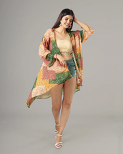 Green Colour Block Printed Waterfall Shrug For Women's