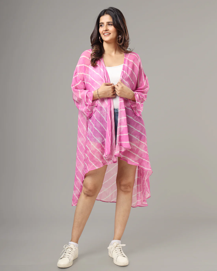 Pink Colour Leheriya Printed Waterfall Shrug For Women's