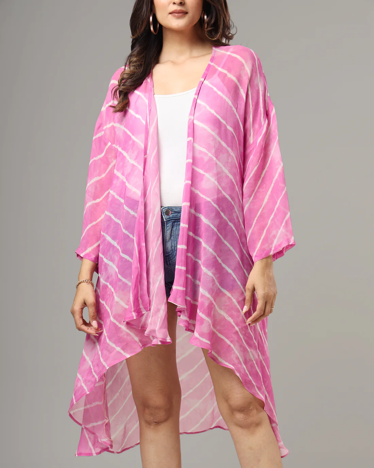 Pink Colour Leheriya Printed Waterfall Shrug For Women's