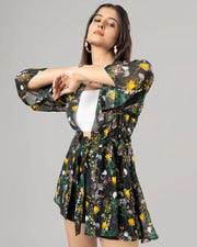 Black Colour Floral Printed Tie Belt Shrug For Women's