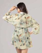 Stone Green Colour Birds Printed Tie Belt Shrug For Women's