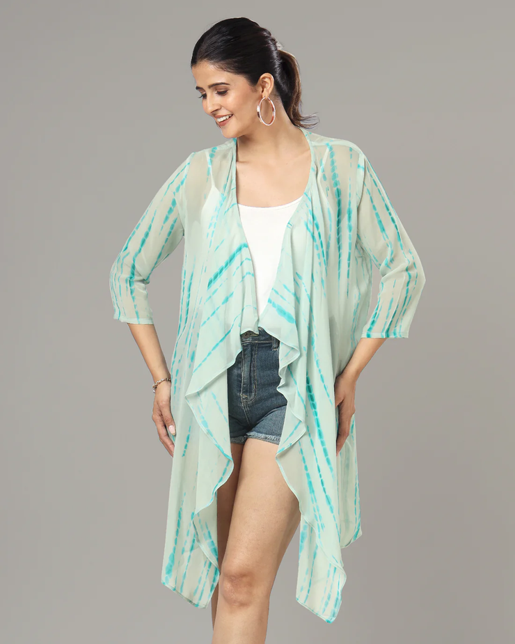 Sky Blue Colour Shibori Printed Waterfall Shrug For Women's