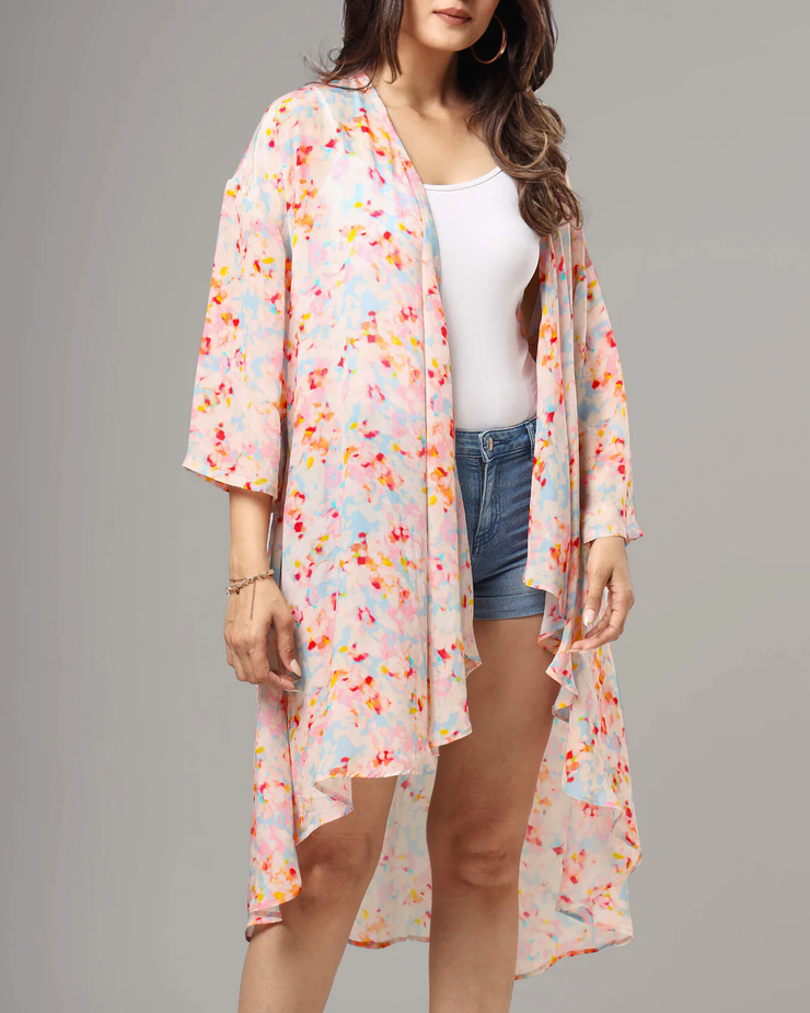 Pink Colour Tie And Dye Printed Waterfall Shrug For Women's