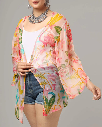 Pink Colour Floral Printed Kimono Shrug For Women's