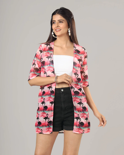 Pink Colour Birds Printed Shrug For Women's