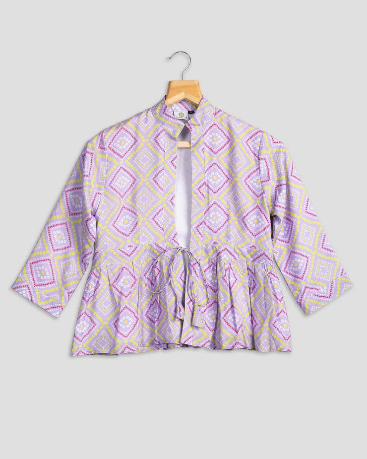 Purple Colour Bandhani Frill Jacket For Women's