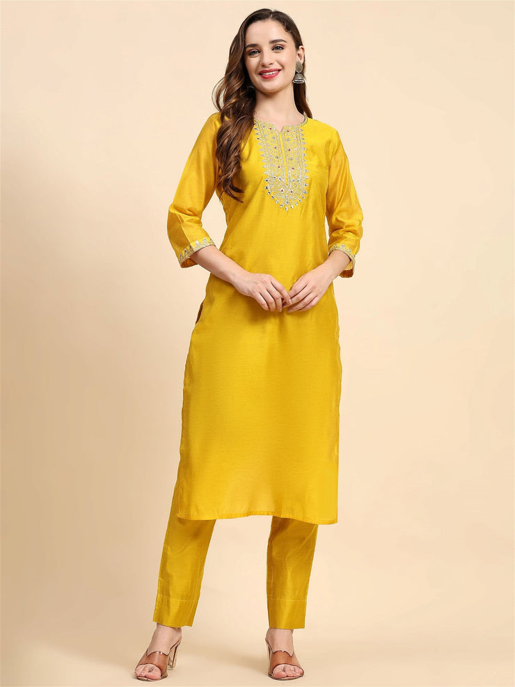 Yellow Colour Blend Silk Embroidery Work Party Wear Kurta Pant Dupatta Set For Women's