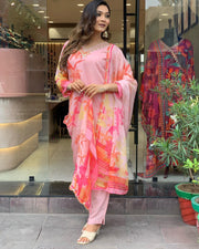 Pink Party Wear Embroidery Worked Kurta With Pant And Duppata Set