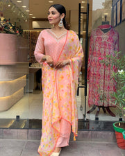 Peach Party Wear Embroidery Worked Kurta With Pant And Duppata Set