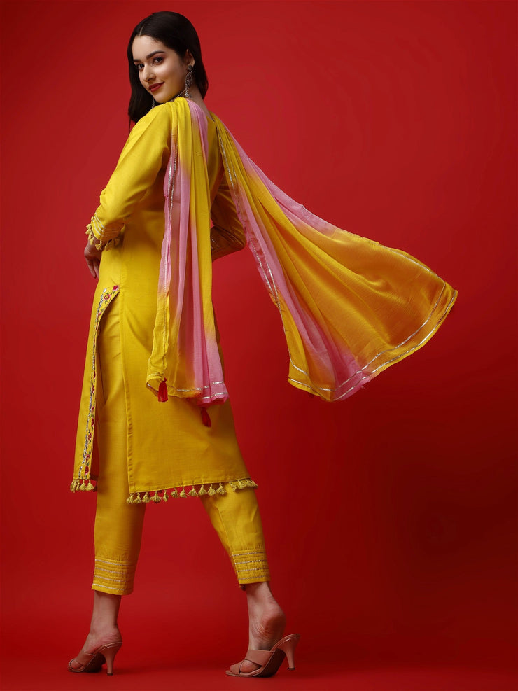 Yellow Party Wear Embroidery Worked Kurta With Pant And Duppata Set