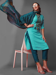 Sky Blue Party Wear Embroidery Worked Kurta With Pant And Duppata Set