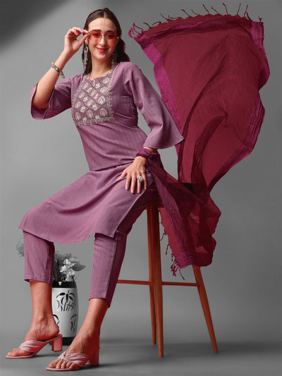 Purple Party Wear Embroidery Worked Kurta With Pant And Duppata Set