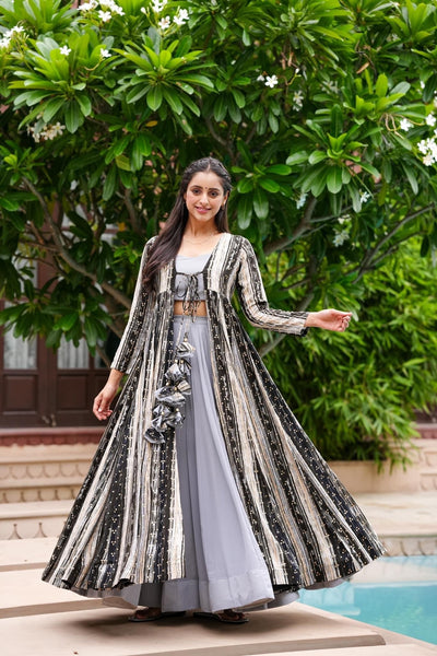 Light Gray Printed  Shrug Style Indo Western Gown For Women