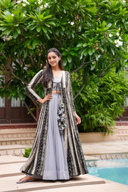 Light Gray Printed  Shrug Style Indo Western Gown For Women